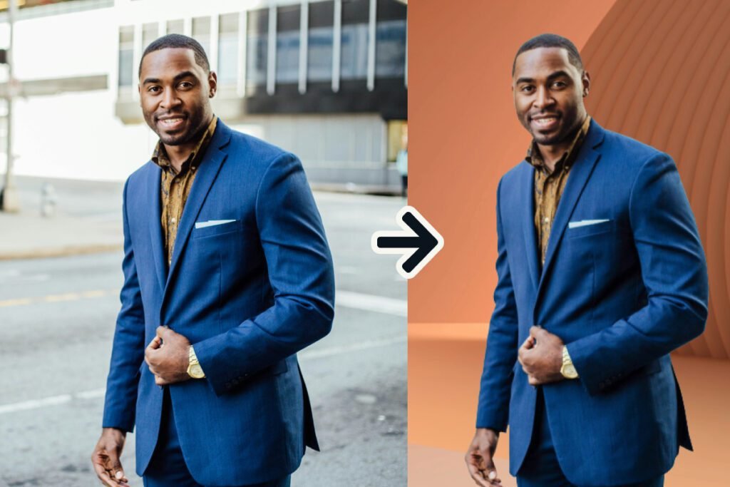 adobe express review — background removal and background swap on a portrait, before and after