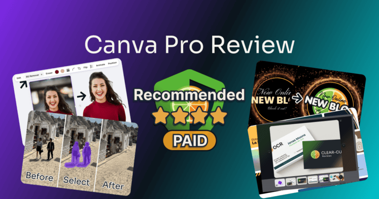 canva pro review — rated Recommended, 4 out of 5 on the Pro plan, beside screenshots of background removal, Magic Eraser, and branded templates