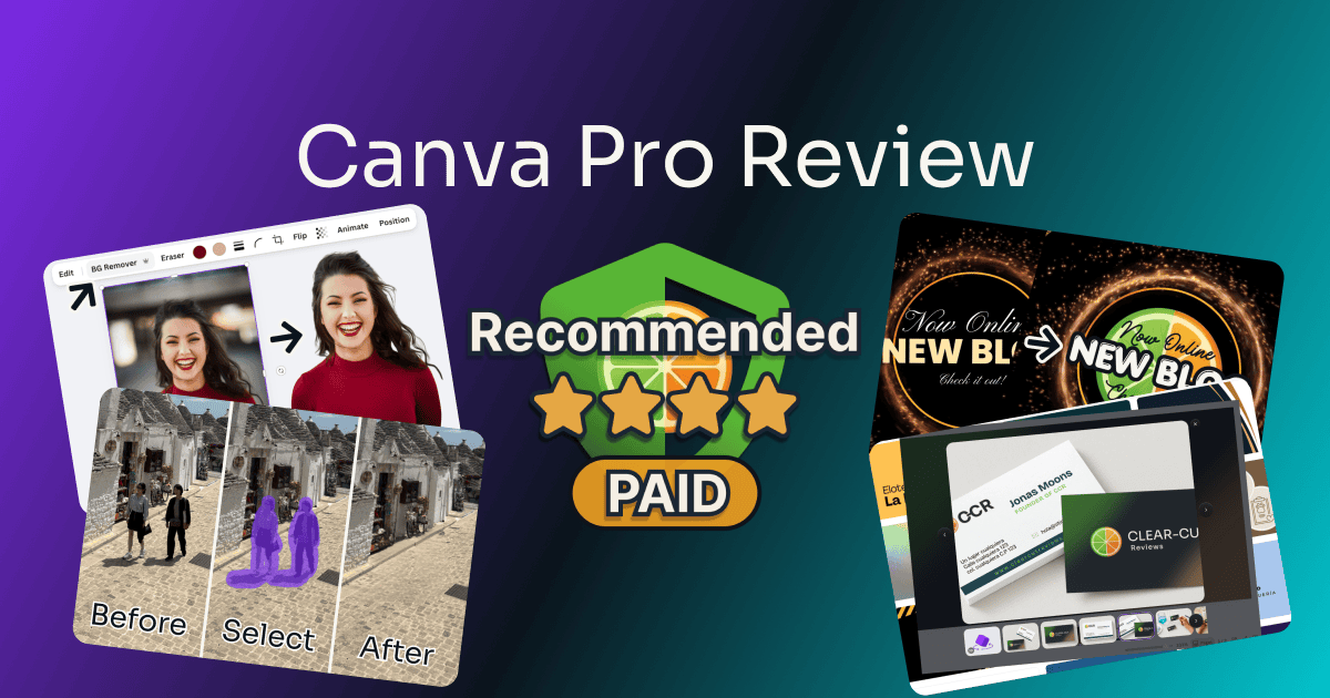 canva pro review — rated Recommended, 4 out of 5 on the Pro plan, beside screenshots of background removal, Magic Eraser, and branded templates