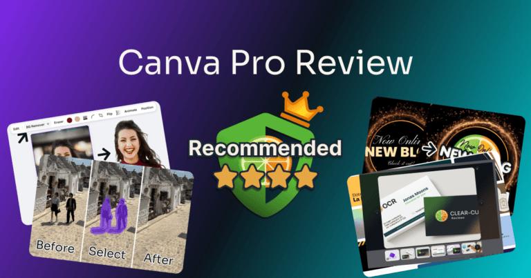 canva pro review — rated Recommended, 4 out of 5 on the Pro plan, beside screenshots of background removal, Magic Eraser and branded templates