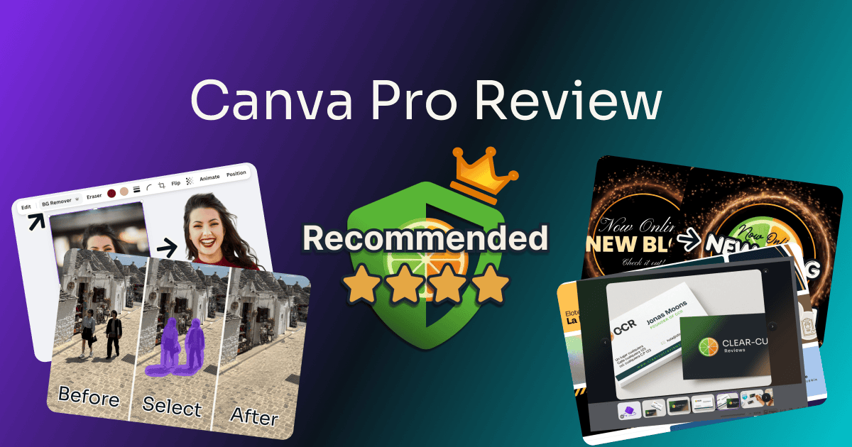 canva pro review — rated Recommended, 4 out of 5 on the Pro plan, beside screenshots of background removal, Magic Eraser and branded templates