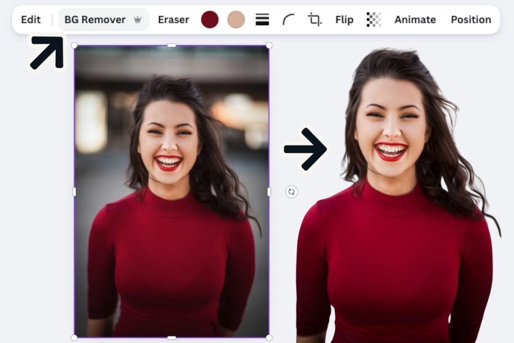 canva pro review — Background Remover before and after on a headshot with flowing hair