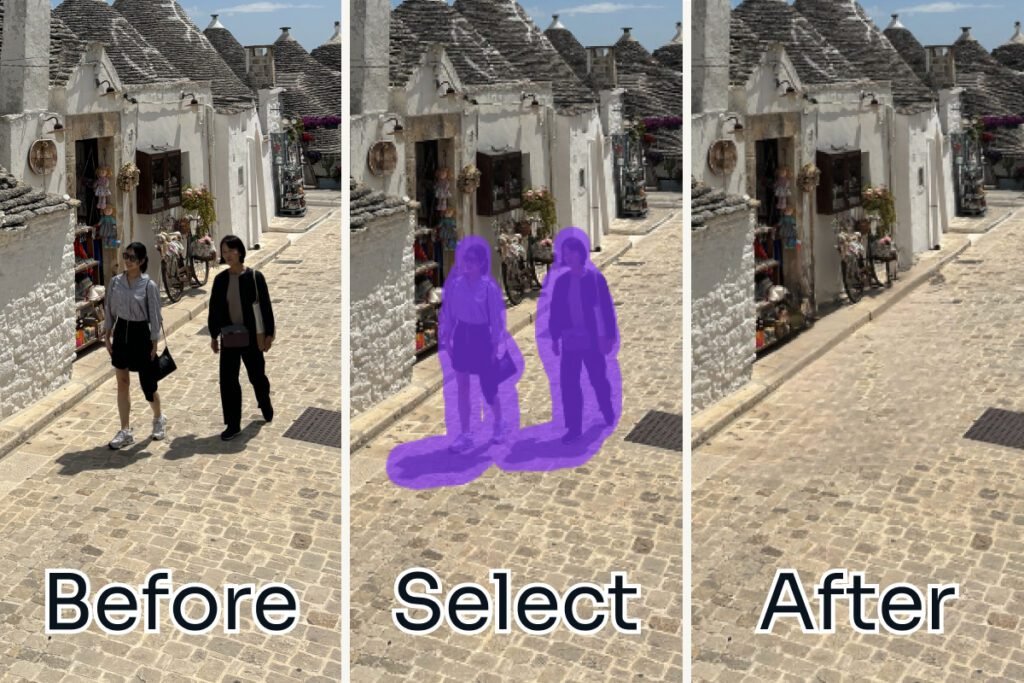 canva pro review — Magic Eraser removing two people from a street photo