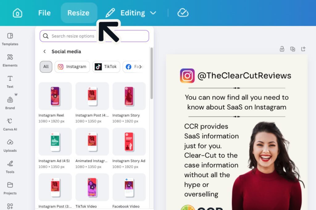 canva pro review — Magic Resize format list in the Resize dropdown