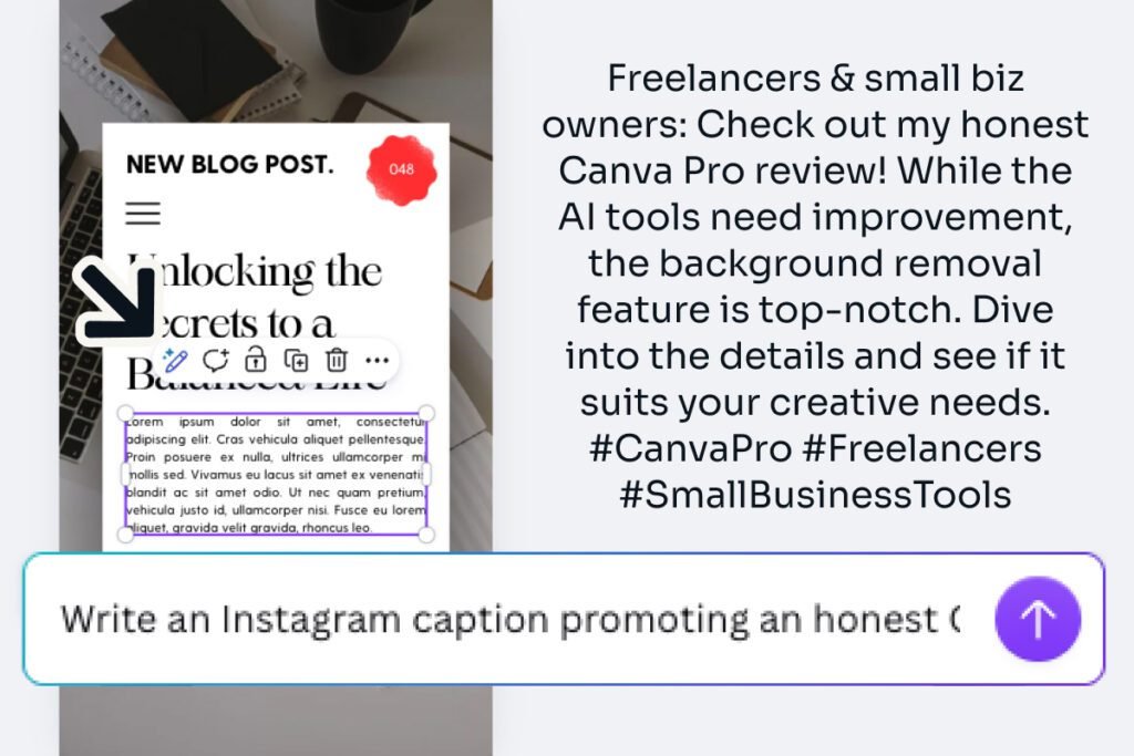 canva pro review — Magic Write prompt and the Instagram caption it generated