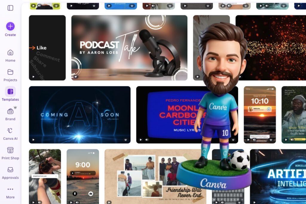 canva pro review — Pro video template library with crowned templates and an AI avatar