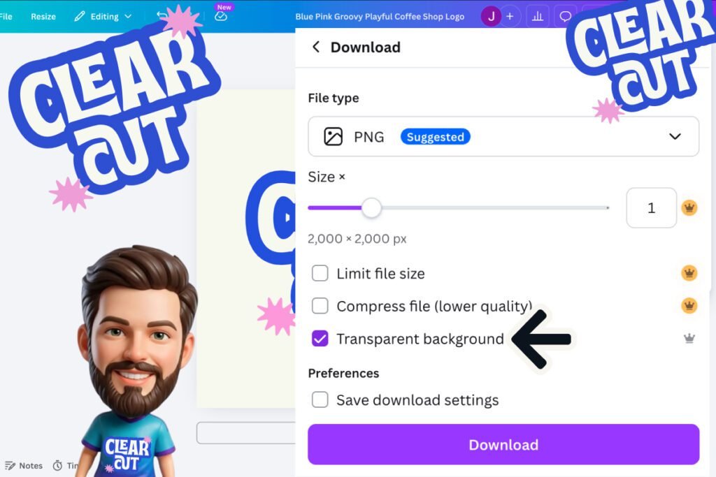 canva pro review — the ticked Transparent background checkbox in Canva's PNG download panel