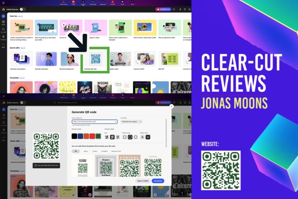adobe express review — Generate QR code quick edit with color and style options