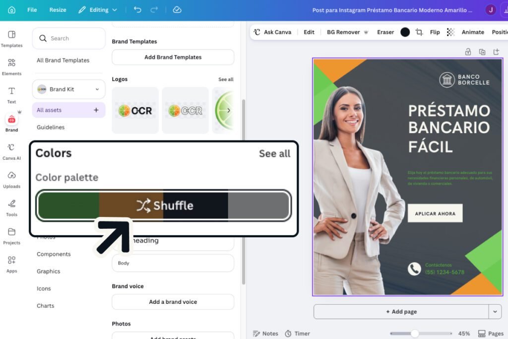 adobe express vs canva — Canva's Brand Kit shuffle recoloring a template into brand colors