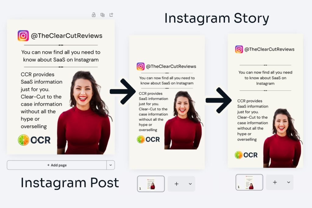 canva pro review — Magic Resize, Instagram Post to Story before and after manual alignment