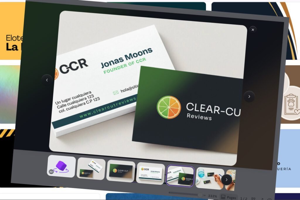 canva pro review — branded CCR business cards shown in Canva's realistic print preview