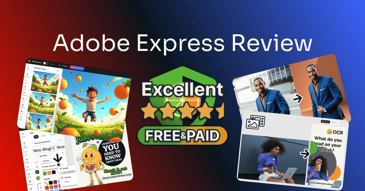 adobe express review: rated Excellent, 4.5 out of 5 on both the free and Premium plans, beside Firefly AI image generation, background removal, and branded social designs