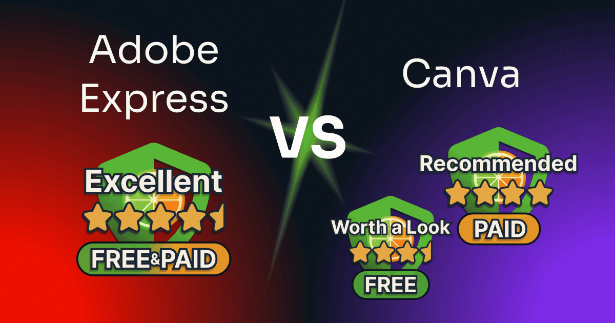 adobe express vs canva: Adobe Express rated Excellent at 4.5 on both plans against Canva's Recommended 4 on Pro and Worth a Look 3.5 on Free