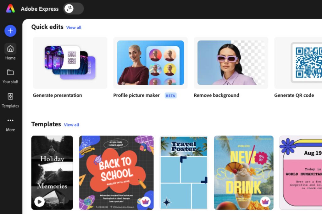 adobe express review — Quick edits row on the free plan with no premium crowns