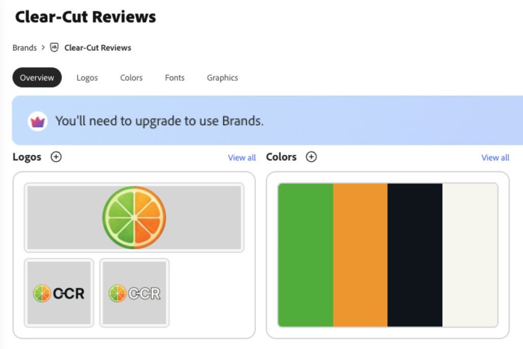 canva alternatives free — Adobe Express showing a completed brand and the message "You'll need to upgrade to use Brands