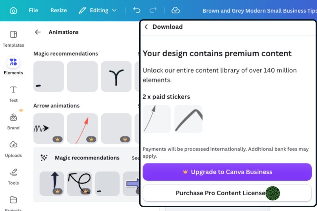 adobe express vs canva — Canva blocking a download over two premium stickers