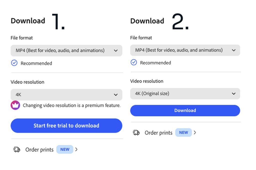 adobe express review — free plan video export blocked at 4K on a 1080p source but allowed at original 4K