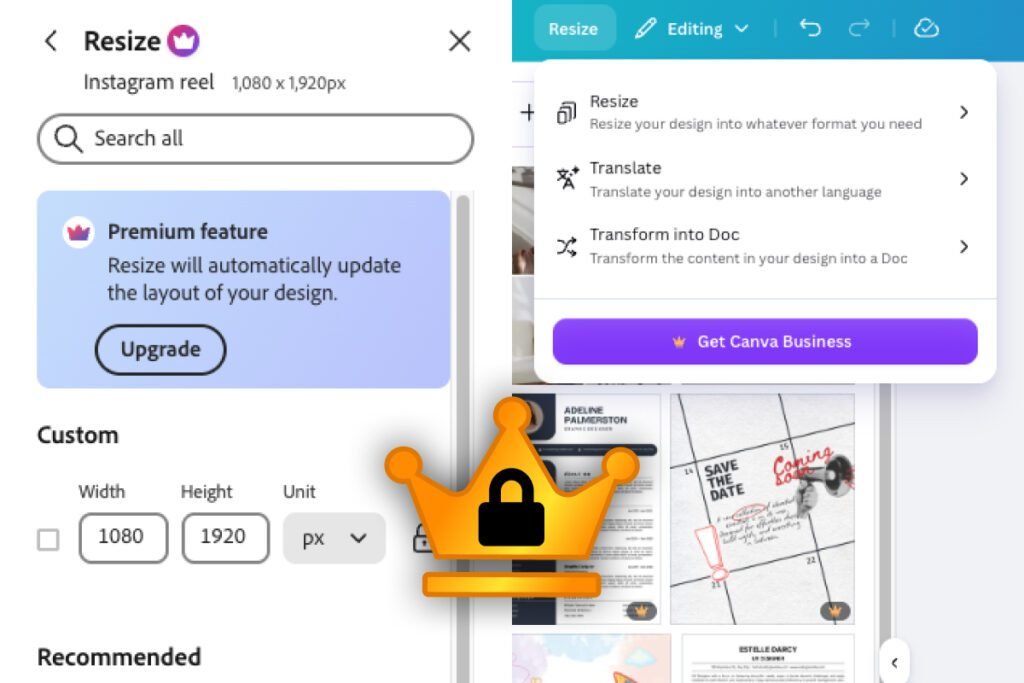 adobe express vs canva — both free plans blocking a design resize