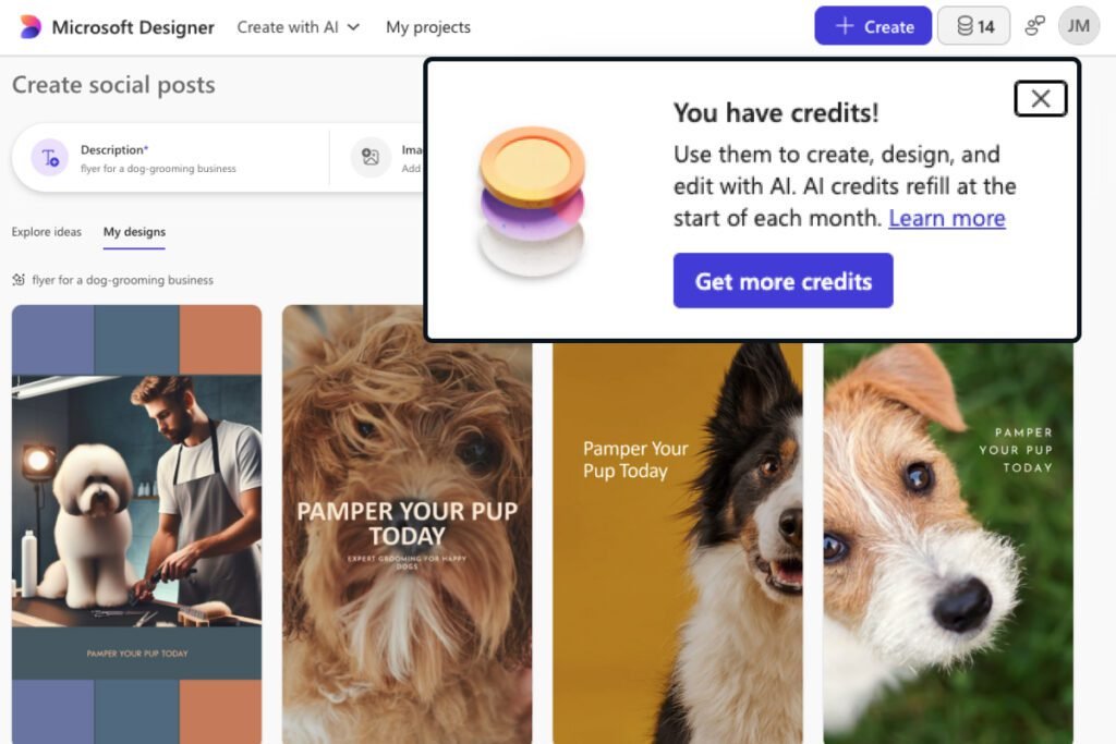 canva alternatives free — Microsoft Designer showing remaining free AI credits and the message that credits refill monthly