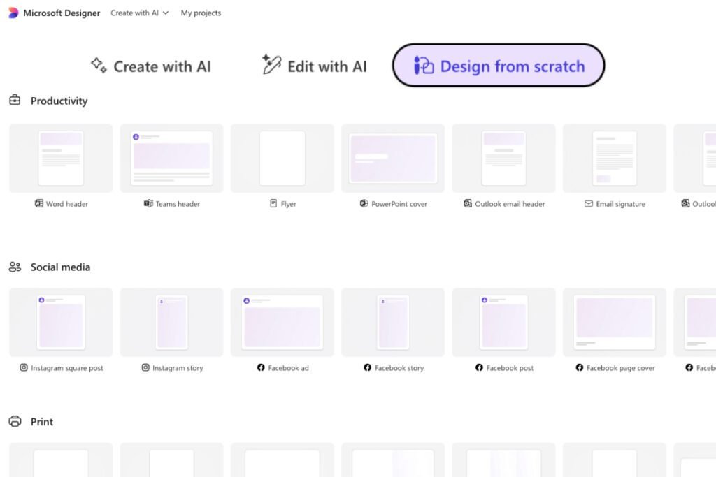 canva alternatives free — Microsoft Designer format presets including flyer, Instagram story and print sizes on the free plan