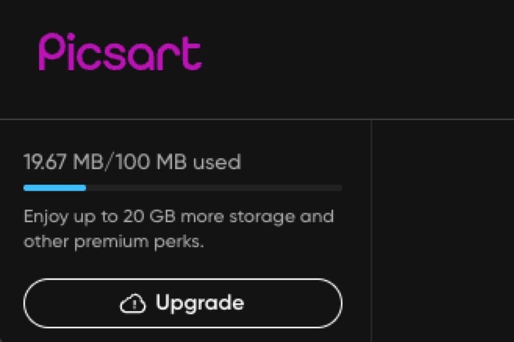 canva alternatives free — Picsart free plan storage showing 19.67 MB of 100 MB used, with an offer of 20 GB more