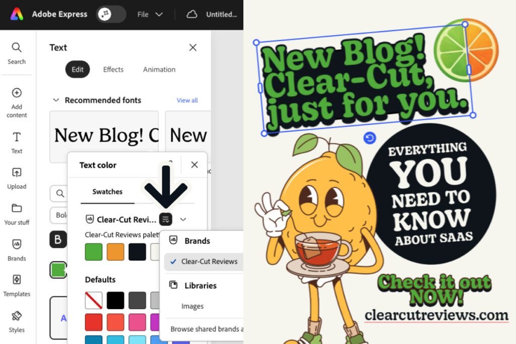 adobe express review — selecting a brand in the color picker to reveal its palette