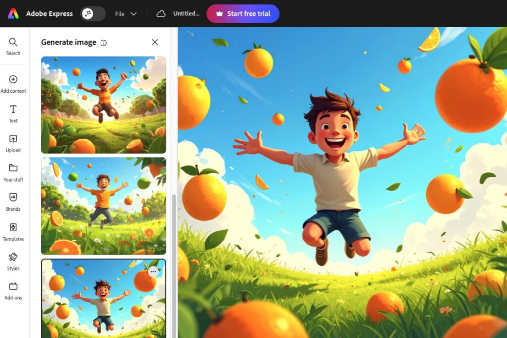 adobe express review — Firefly AI generating four image options from one prompt