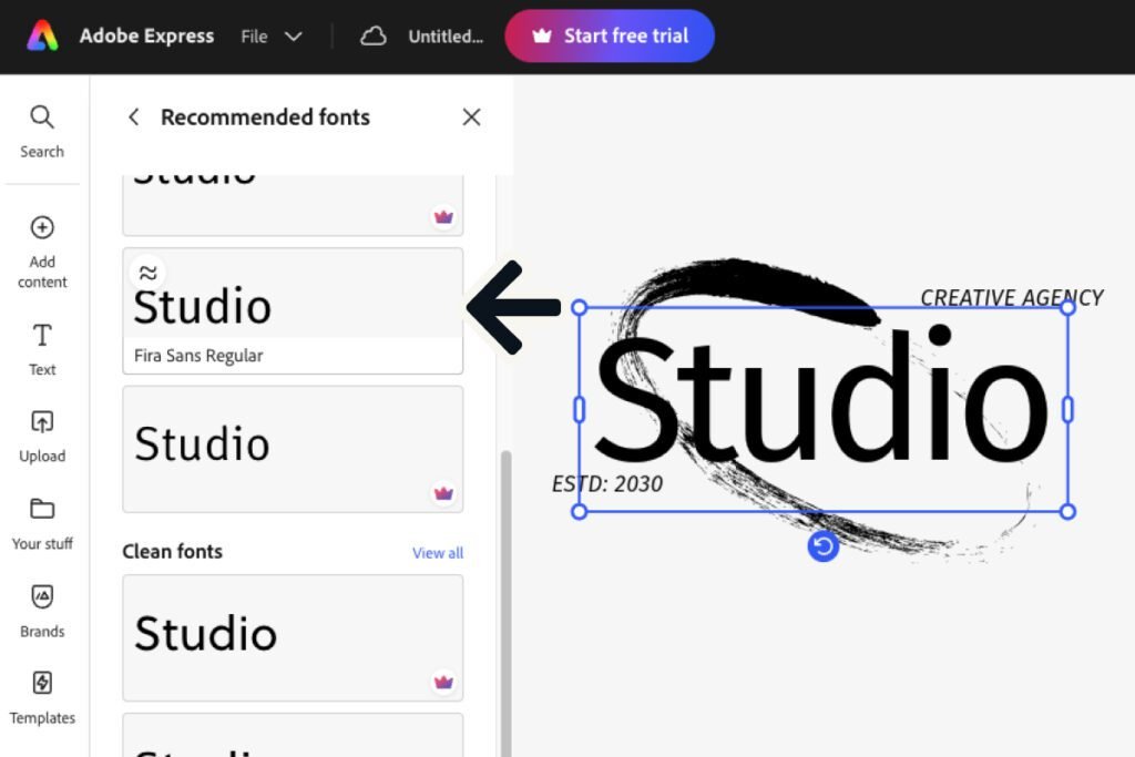 adobe express review — font recommendations showing mostly crowned Premium fonts on the free plan