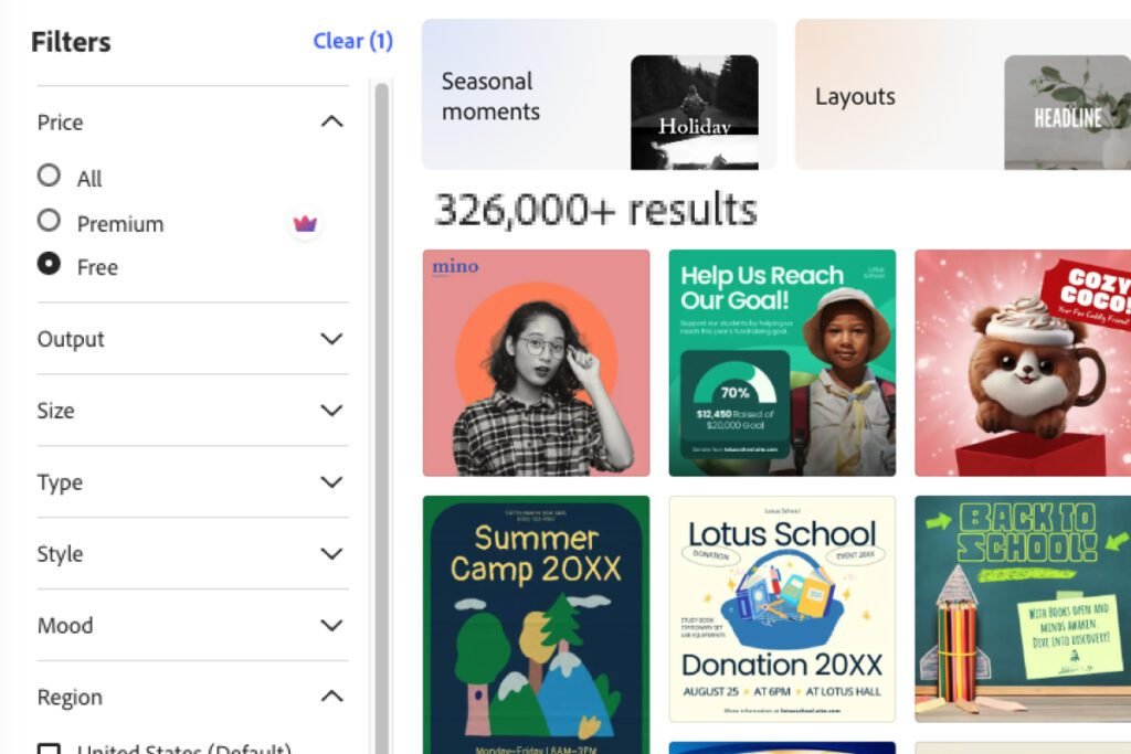 adobe express review — template filters set to free showing 326,000+ results