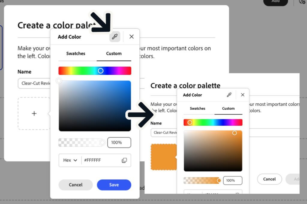 adobe express review — sampling a brand color with the eyedropper in a Creative Cloud library