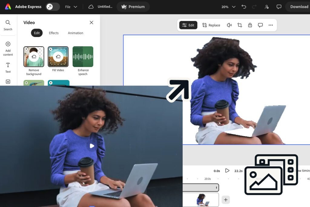 adobe express review — removing a video background from a subject with curly hair