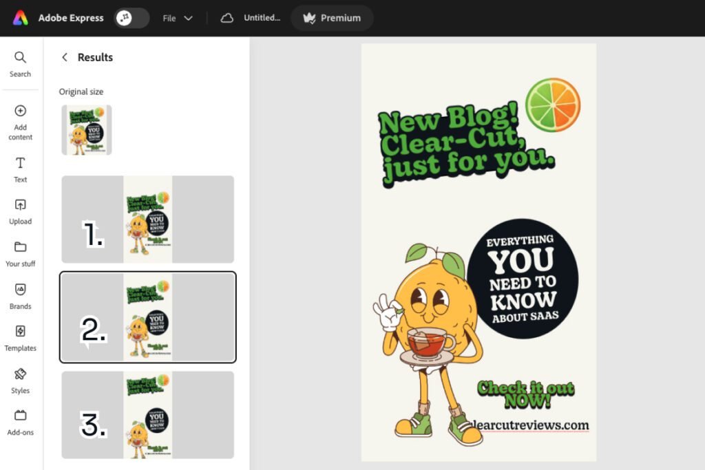 adobe express review — One-click Resize offering three layout options for a new format