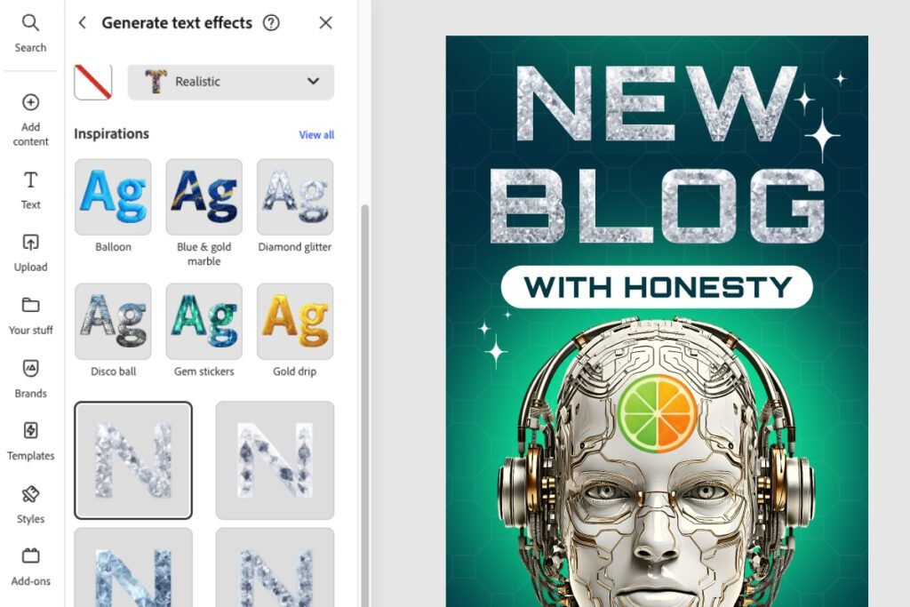 adobe express review — Generate text effects panel and the resulting styled headline