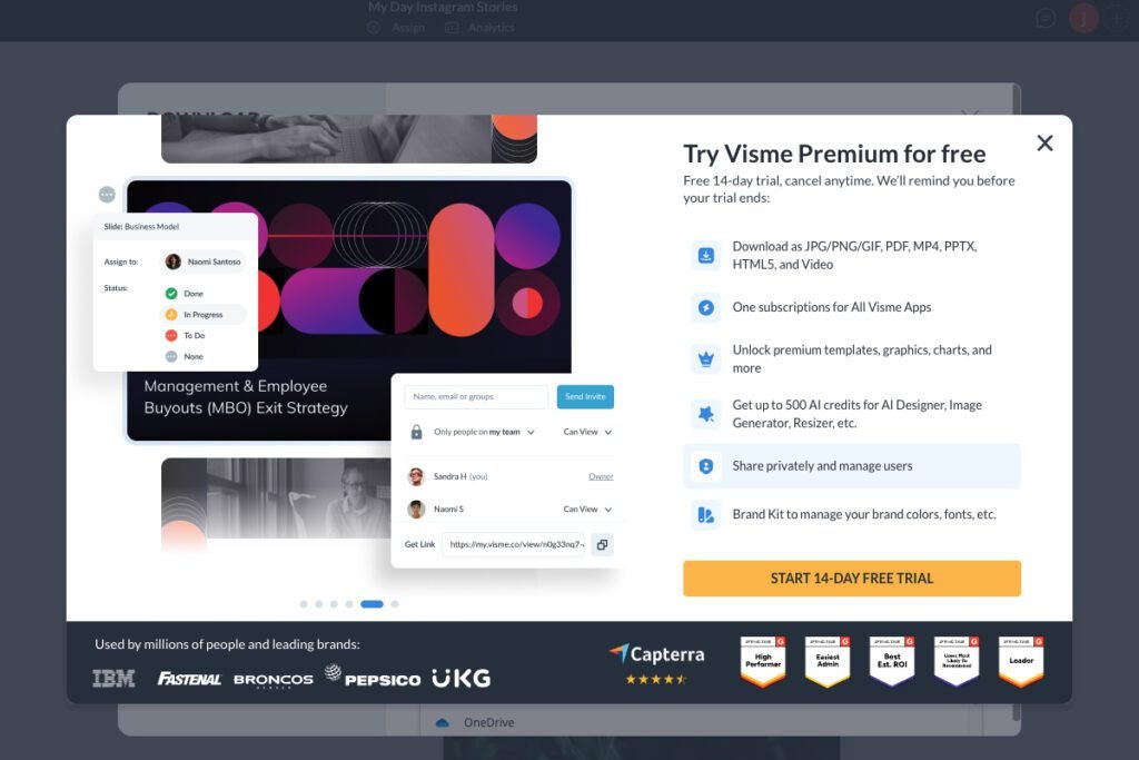 canva alternatives free — Visme free plan with downloading listed as a premium upgrade feature