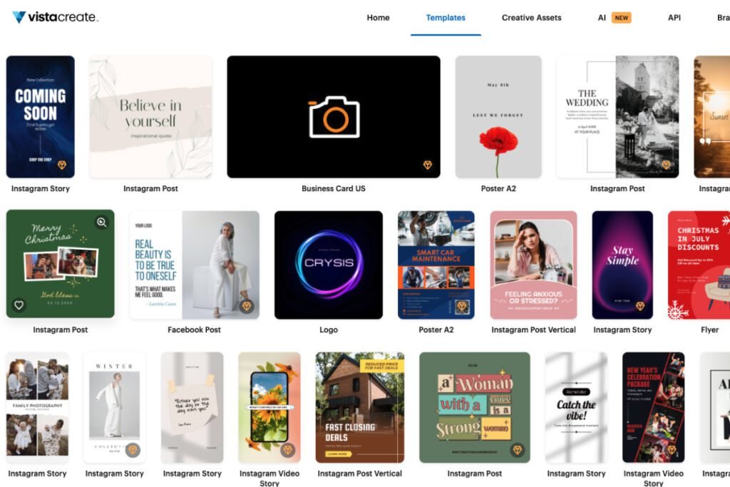 canva alternatives free — VistaCreate template gallery with Pro templates marked by a small diamond icon