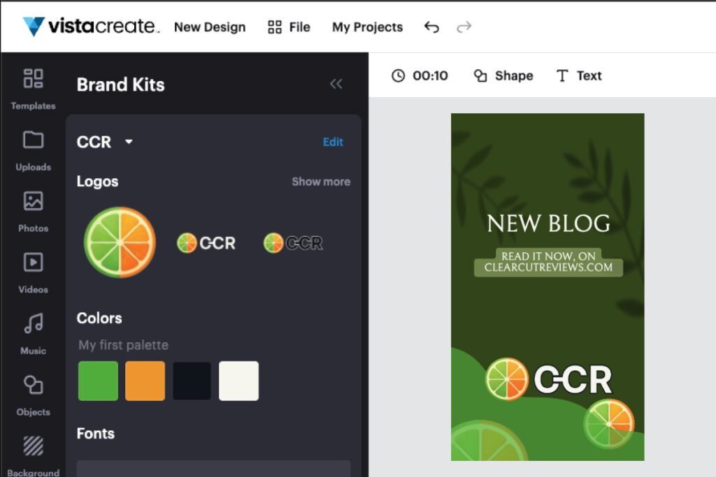 canva alternatives free — VistaCreate applying a full brand kit, with logos, colors and fonts in the panel and the finished design beside it