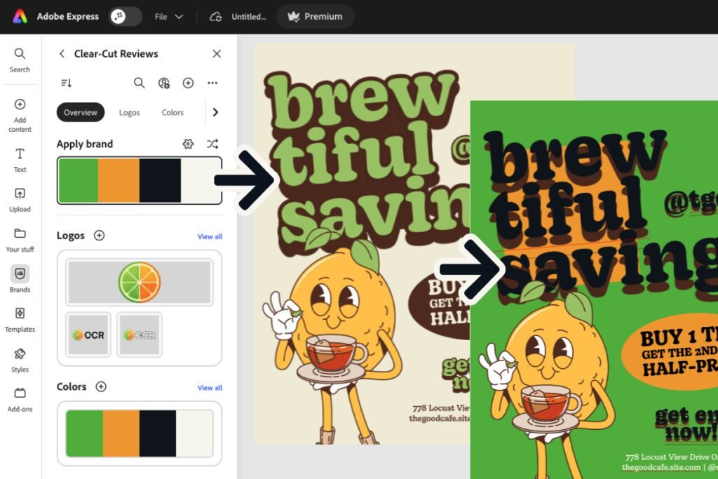adobe express review — applying a brand to a template in one click, before and after