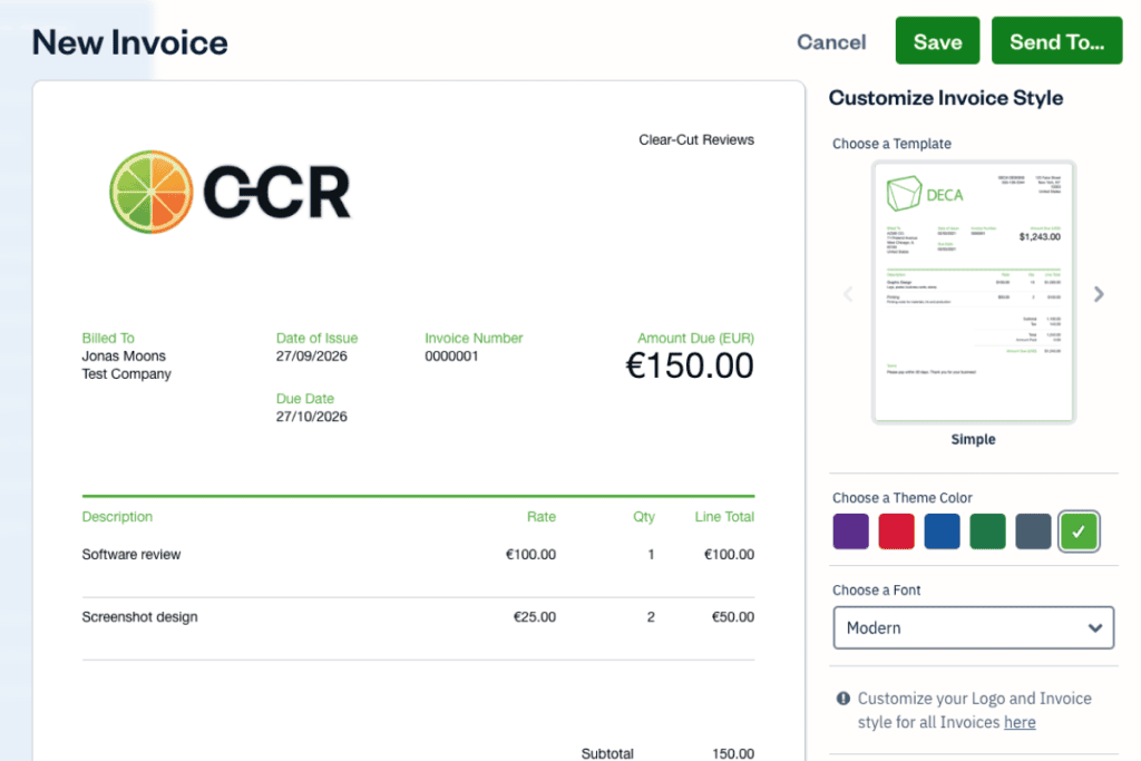 A branded FreshBooks invoice on the Simple template with the CCR logo and two line items totaling 150 euros