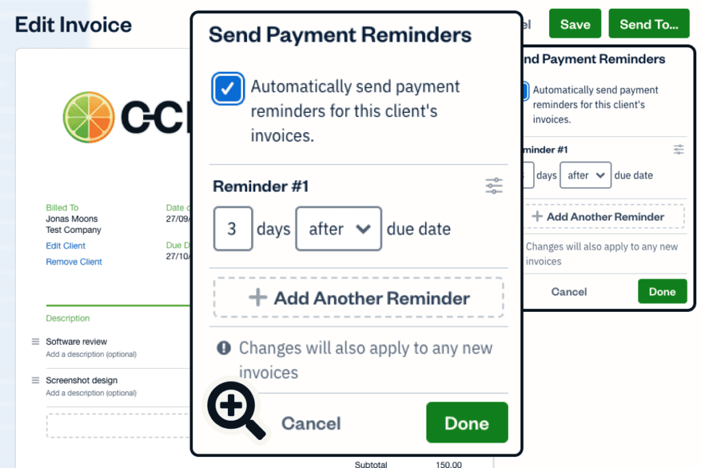 FreshBooks automatic payment reminders set to 3 days after the due date, with an Add Another Reminder button