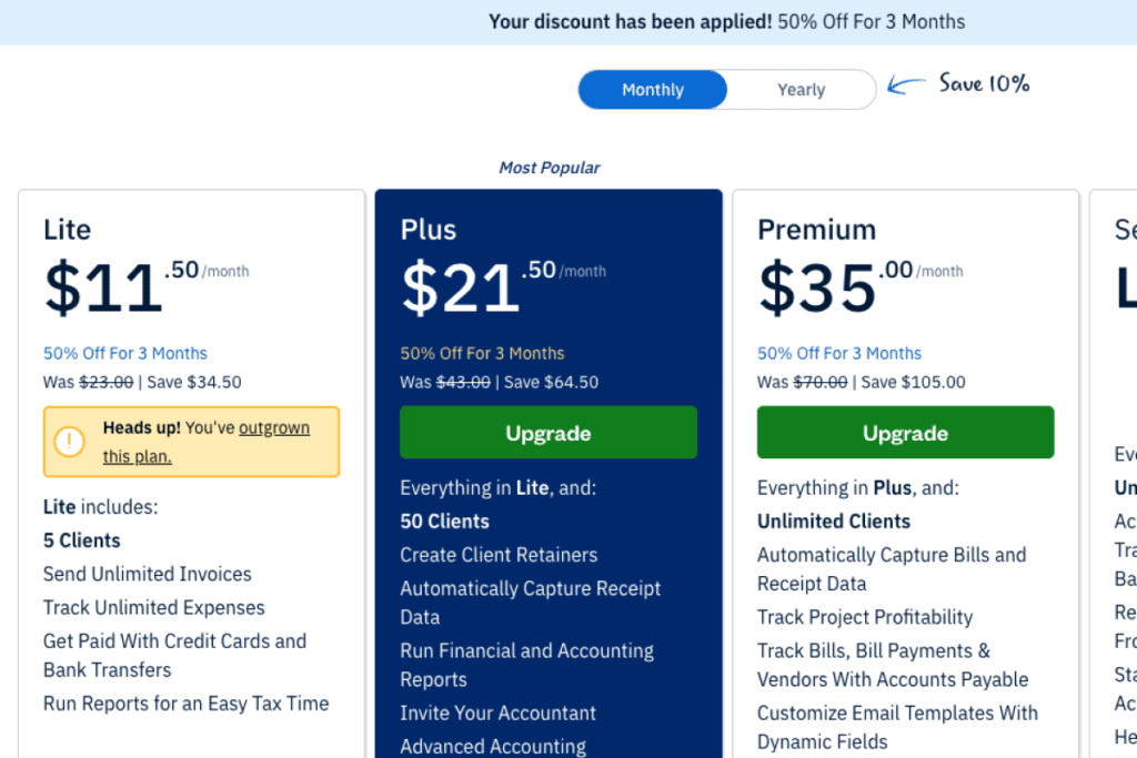The FreshBooks plan page with the Lite card saying you have outgrown this plan instead of offering an upgrade