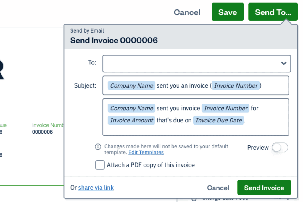The FreshBooks send window on Premium with an email built from dynamic fields