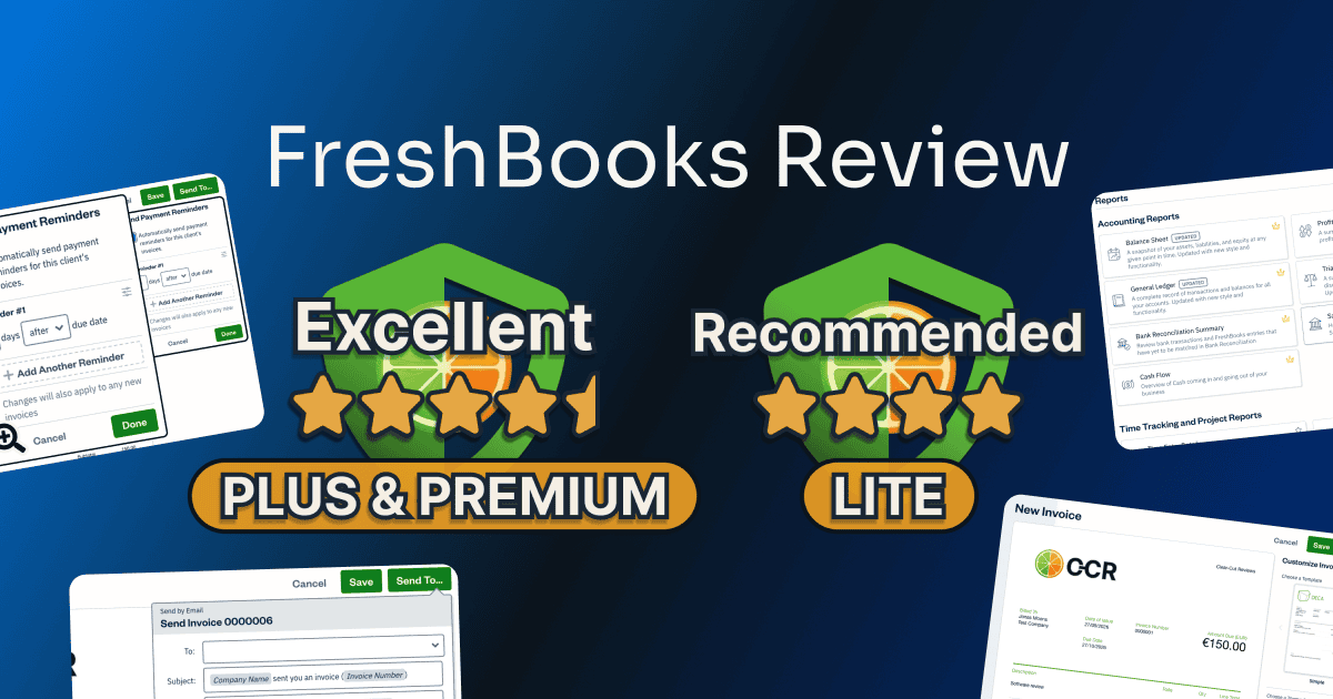 freshbooks review: Plus and Premium rated Excellent, 4.5 out of 5, and Lite rated Recommended, 4 out of 5, beside the branded invoice editor, payment reminders, locked accounting reports, and the Premium send window