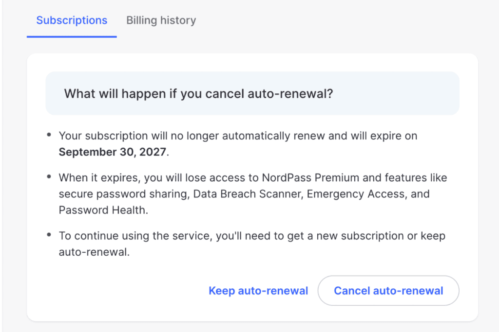 Nord Account screen explaining what happens when NordPass auto-renewal is canceled, with keep and cancel buttons