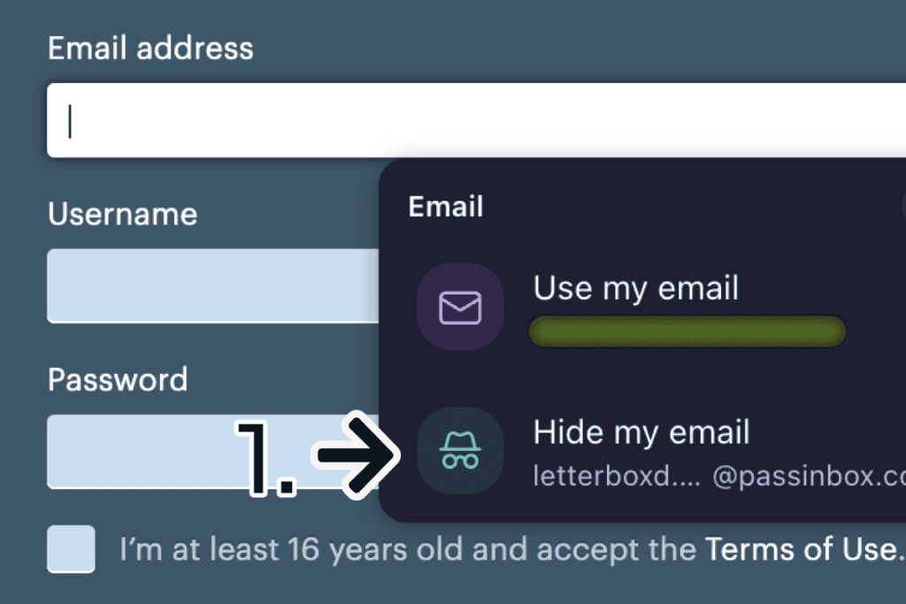 Proton Pass offering a hide-my-email alias named after the site on a sign-up form