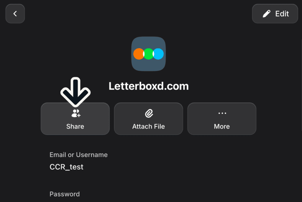 NordPass login opened in the vault with share, attach file, and more buttons under its name