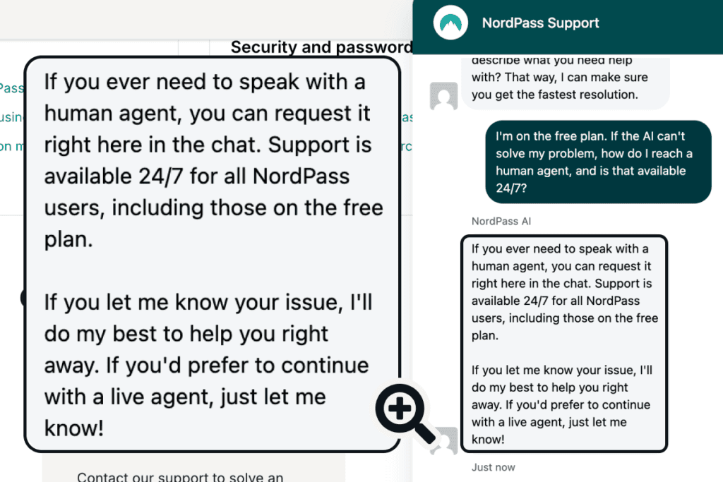 NordPass AI support saying a human agent can be requested in the chat and that support is 24/7 for all users, free plan included