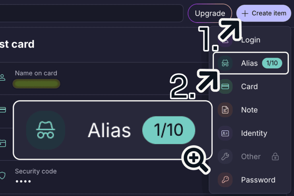 Proton Pass create menu on the free plan with the alias option and its counter