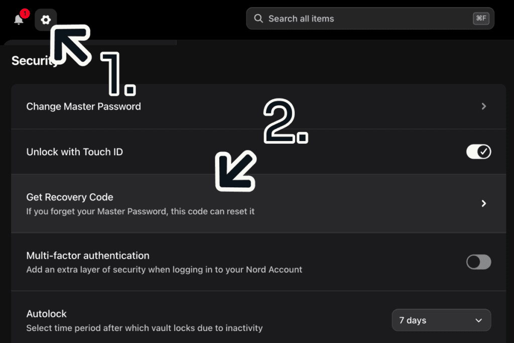 NordPass security settings with the get recovery code option