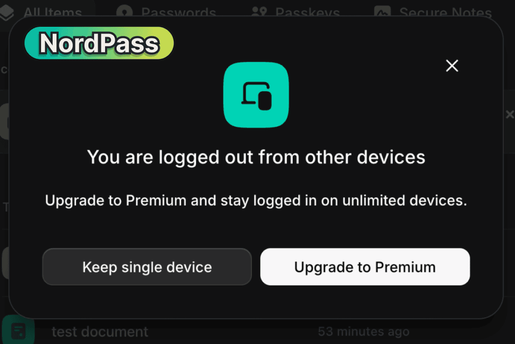 NordPass free plan message saying you are logged out from other devices, with an upgrade button