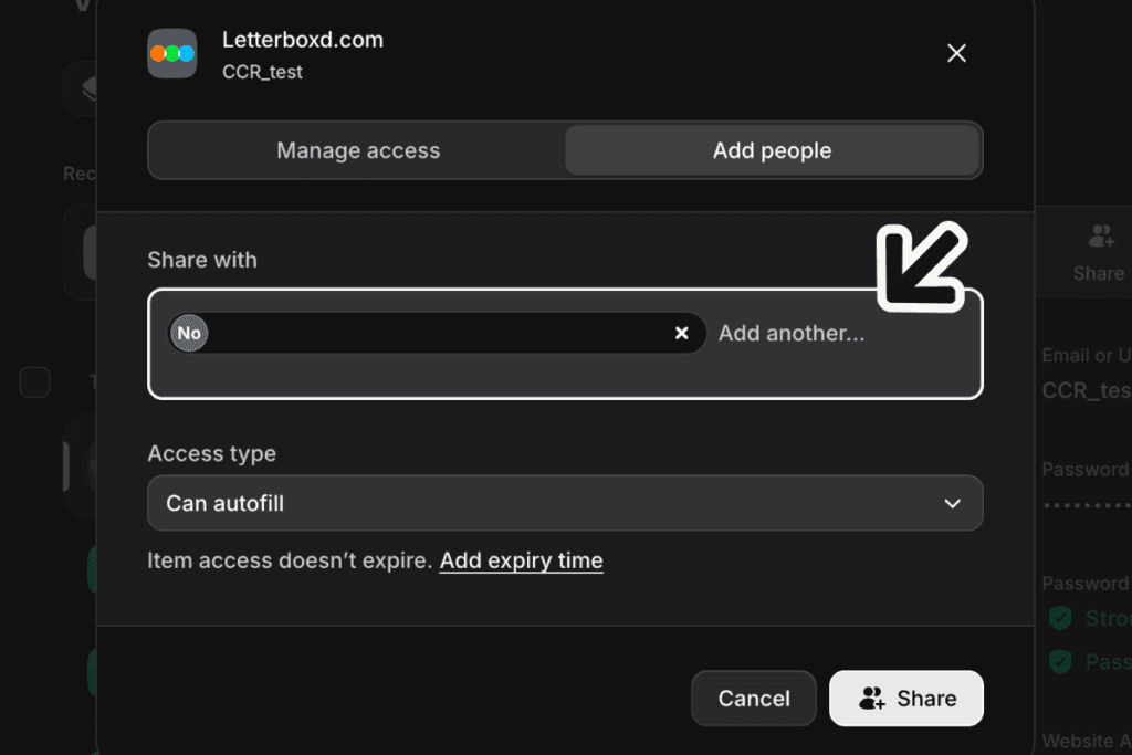 NordPass share window with one address added, an add another option, an access type menu set to can autofill, and an add expiry time link